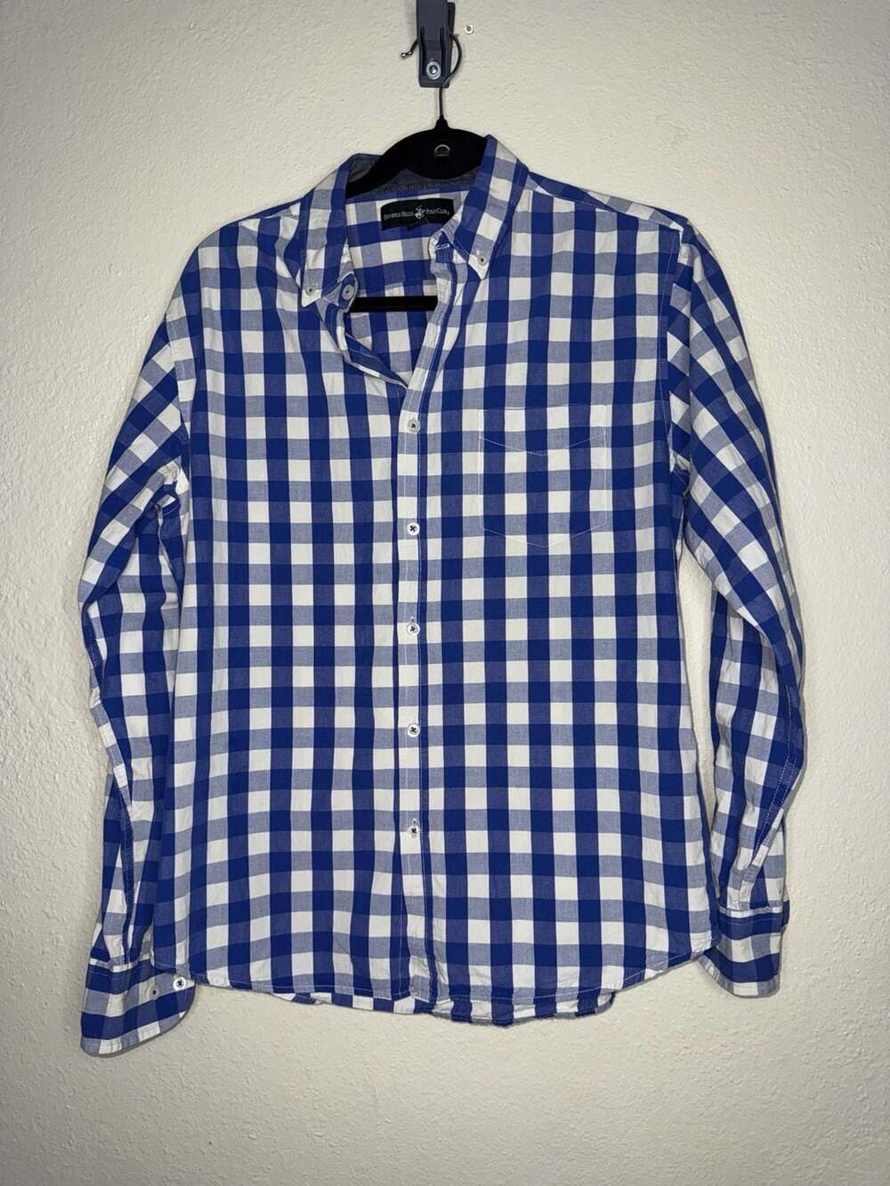 Beverly Hills Polo Club Blue and White Gingham Check Long Sleeve Button Down